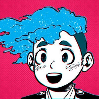 A vibrant, inked depiction of Kumo, cloudy hair trailing to one side and dotted with stars. They smile excitedly at the viewer.
